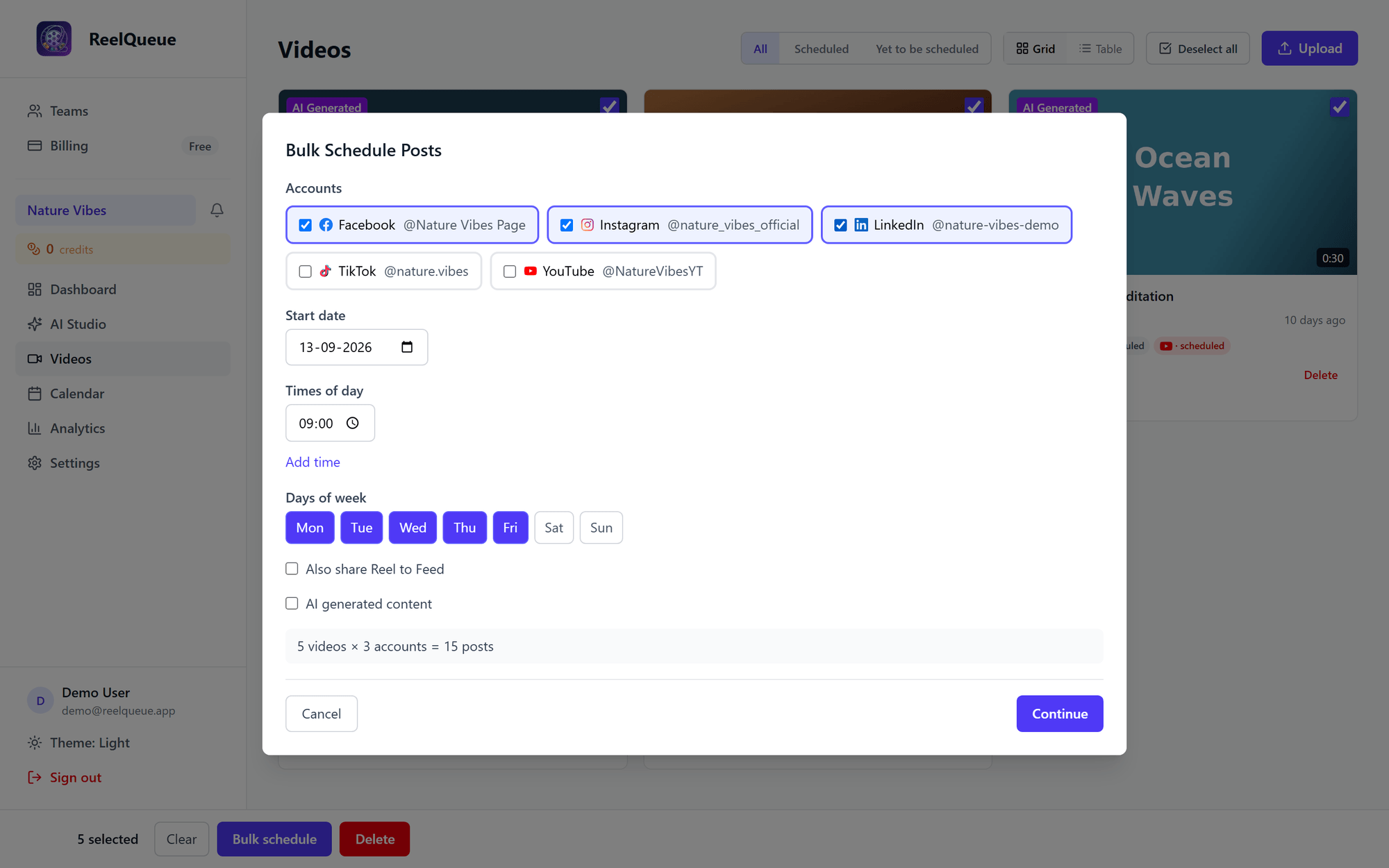 The bulk scheduling wizard spreading several videos across a month