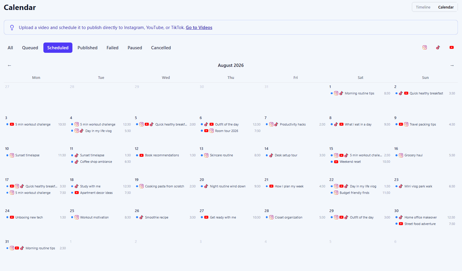 Calendar of scheduled posts across five platforms