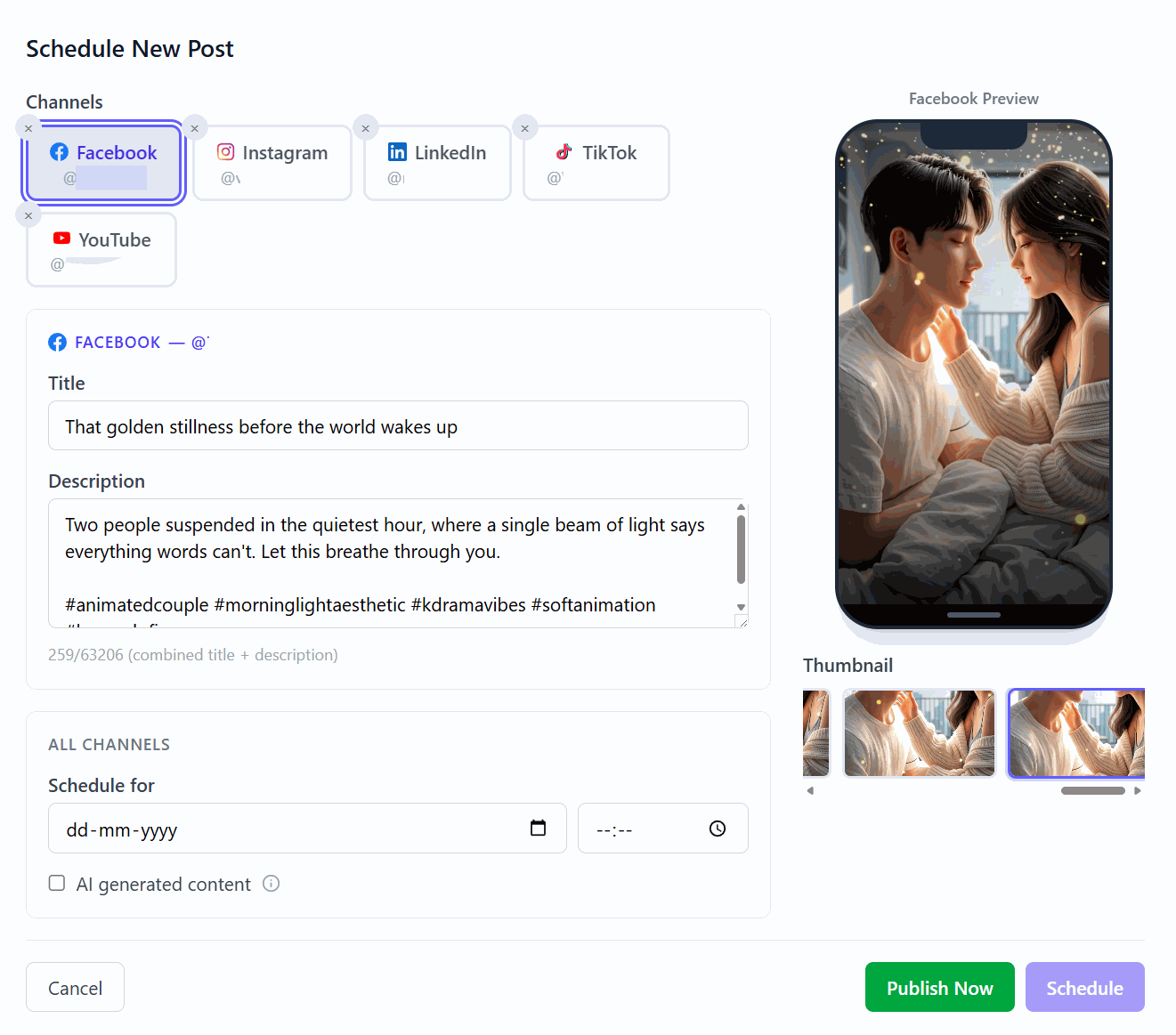 Creating one post with a separate caption for each connected platform