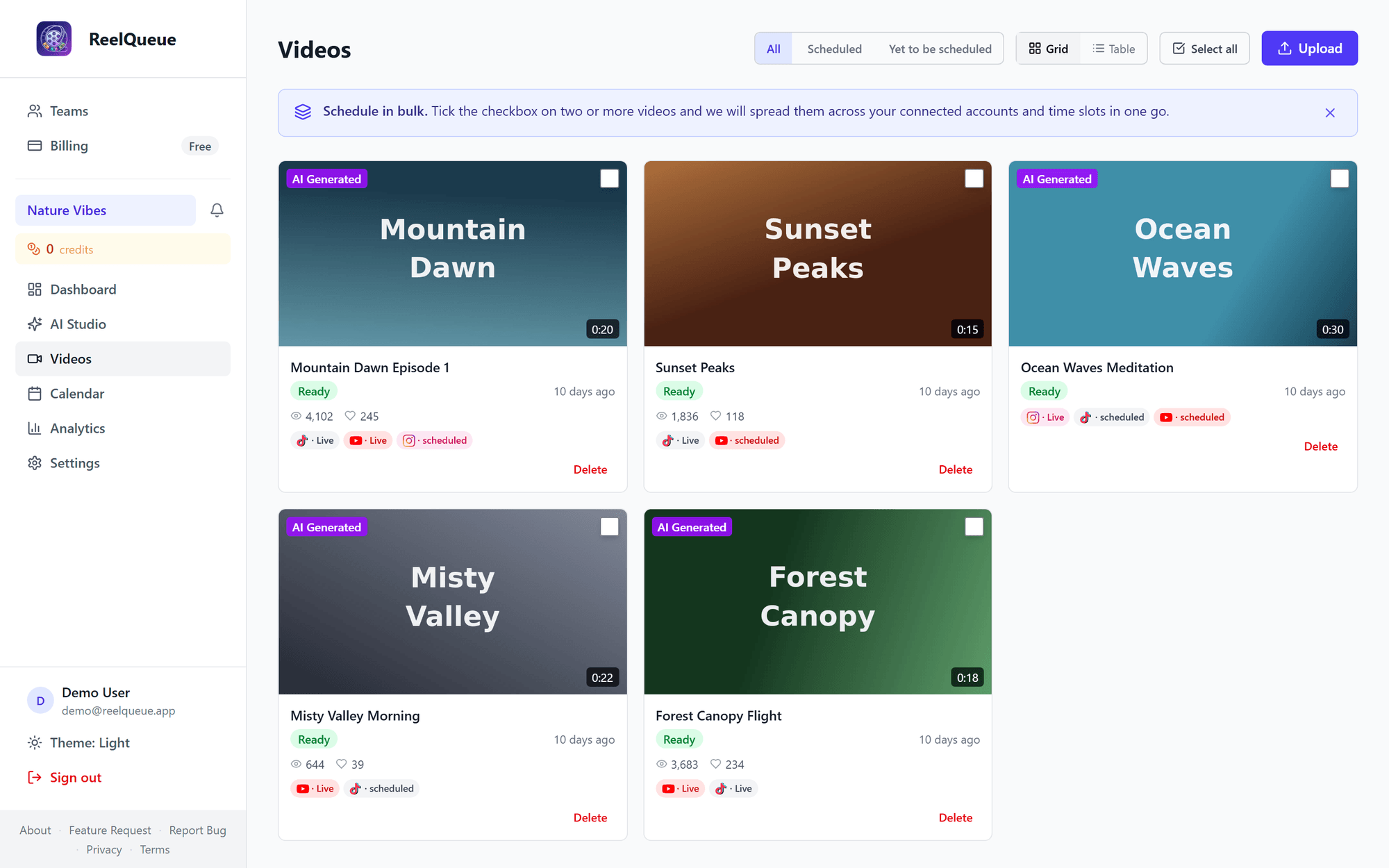 The video library listing previously uploaded videos